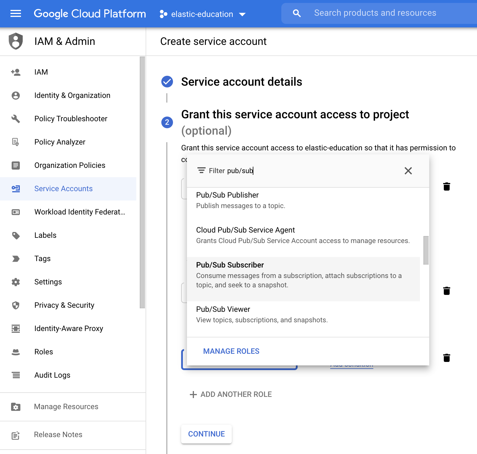 Service account roles pub/sub subscriber Service account roles pub/sub subscriber