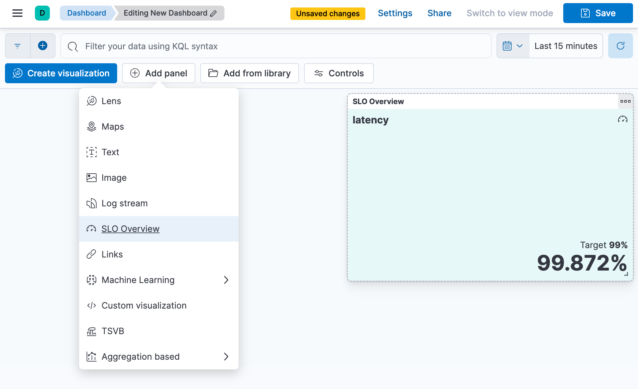 Using the Add panel button to add an SLO Overview widget to a dashboard Using the Add panel button to add an SLO Overview widget to a dashboard