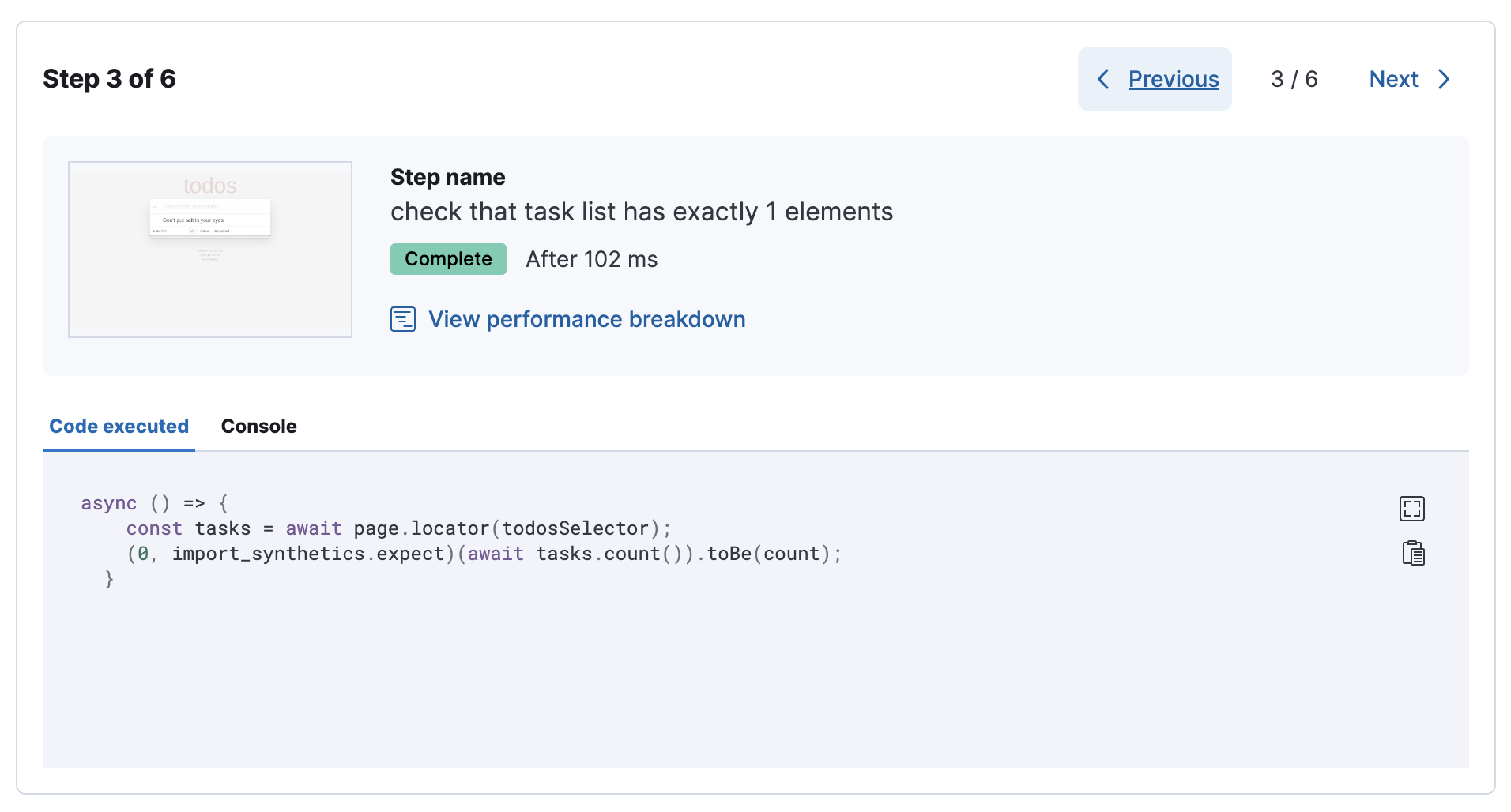 Step carousel on a page detailing one run of a browser monitor in the Synthetics app Step carousel on a page detailing one run of a browser monitor in the Synthetics app