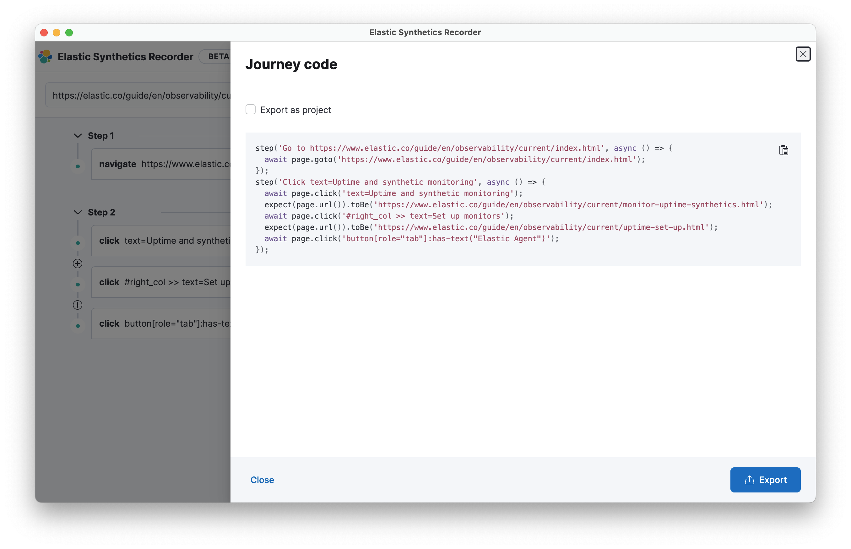 Elastic Synthetics Recorder after recording a journey and clicking Export Elastic Synthetics Recorder after recording a journey and clicking Export