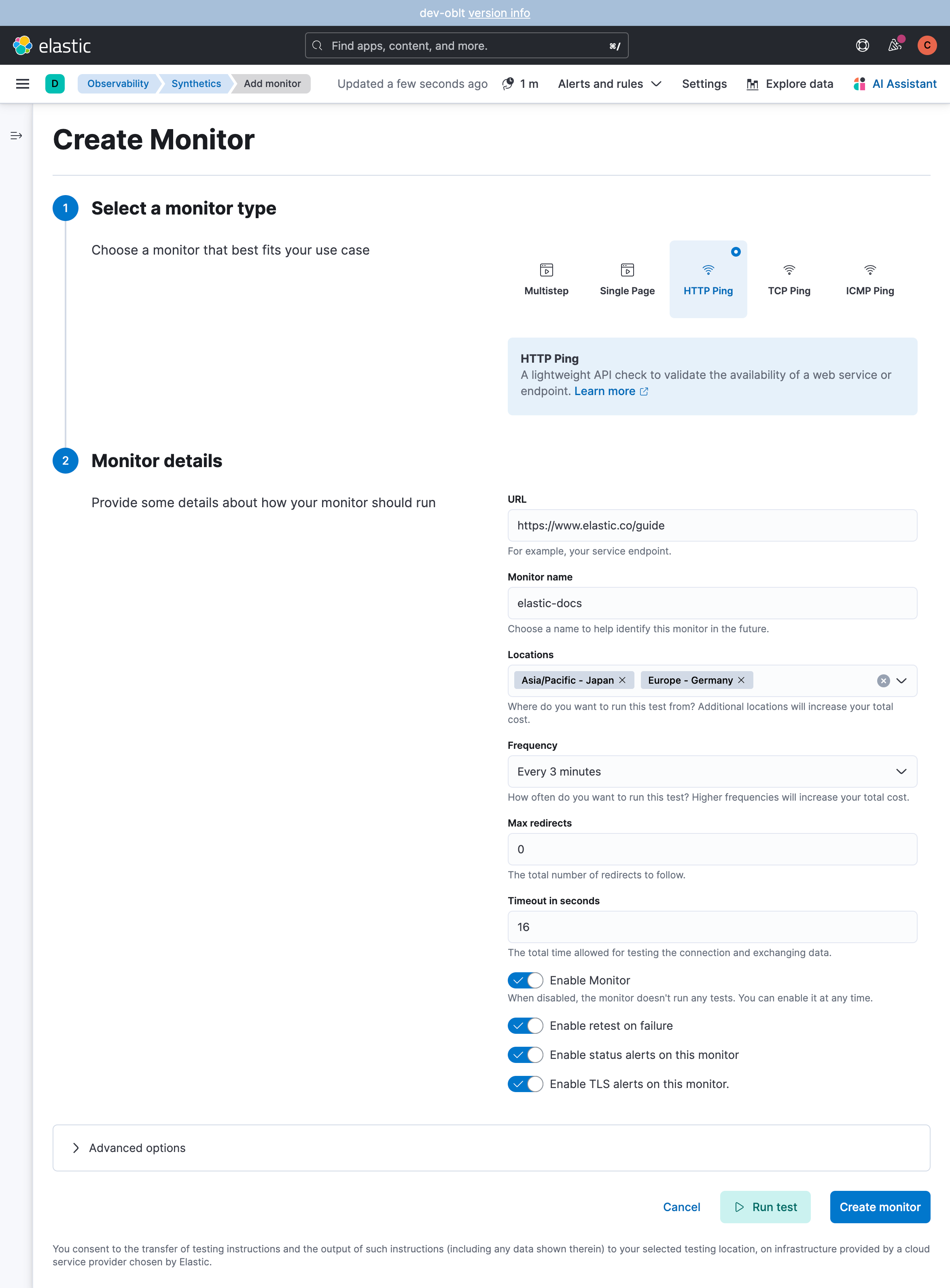 Synthetics Create monitor UI Synthetics Create monitor UI
