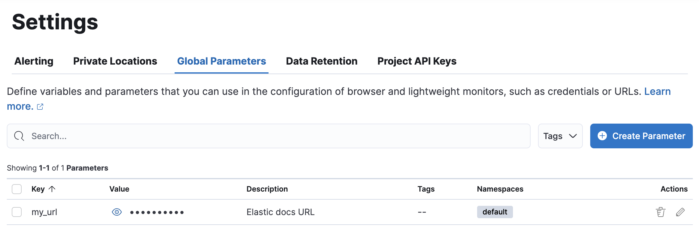 Global parameters tab on the Synthetics Settings page Global parameters tab on the Synthetics Settings page