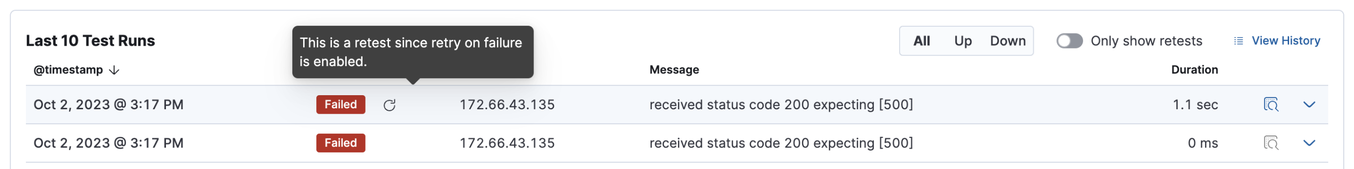 A failed run and a retest in the table of test runs in the Synthetics app A failed run and a retest in the table of test runs in the Synthetics app