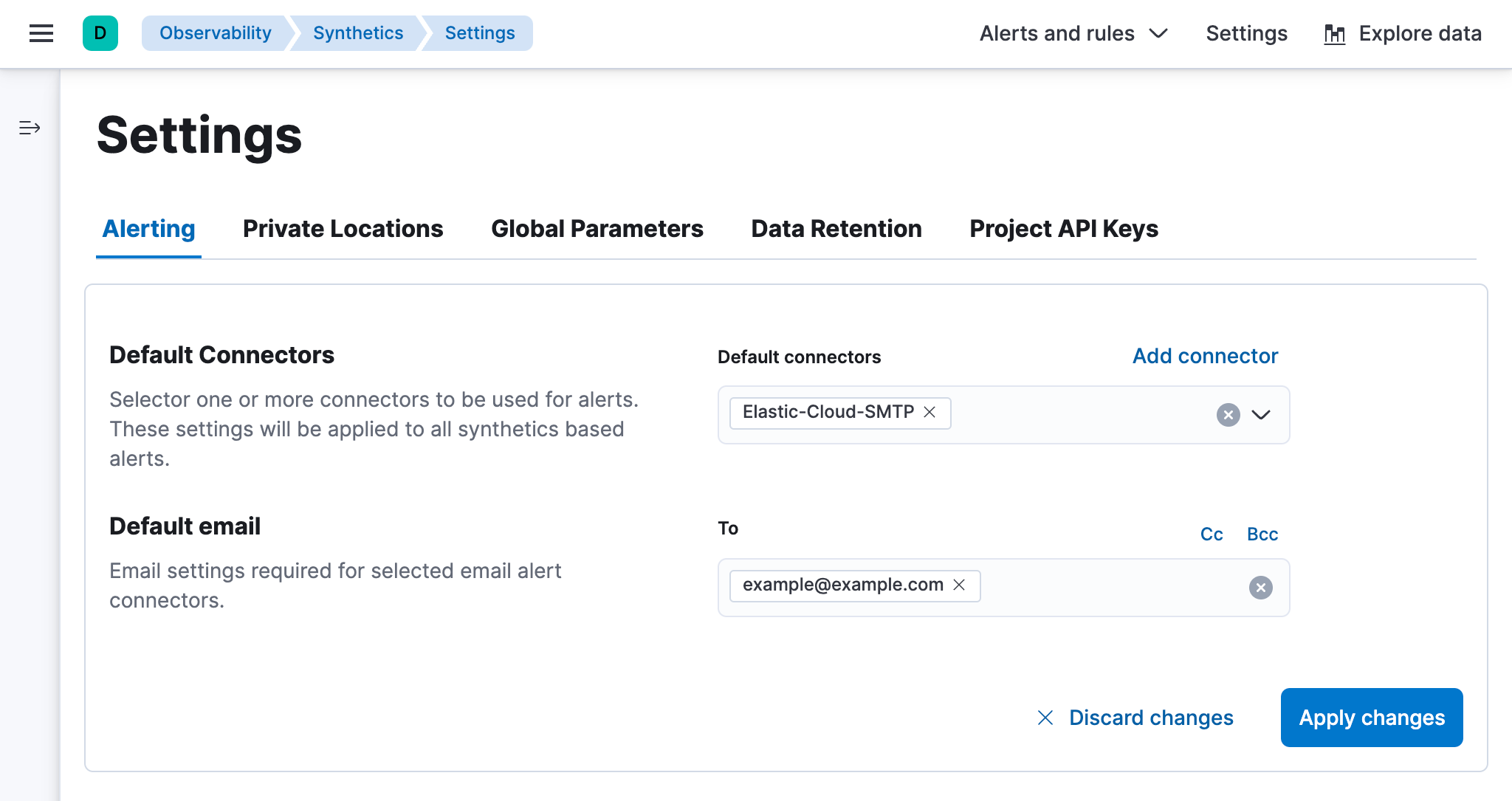 Alerting tab on the Synthetics Settings page in Kibana Alerting tab on the Synthetics Settings page in Kibana