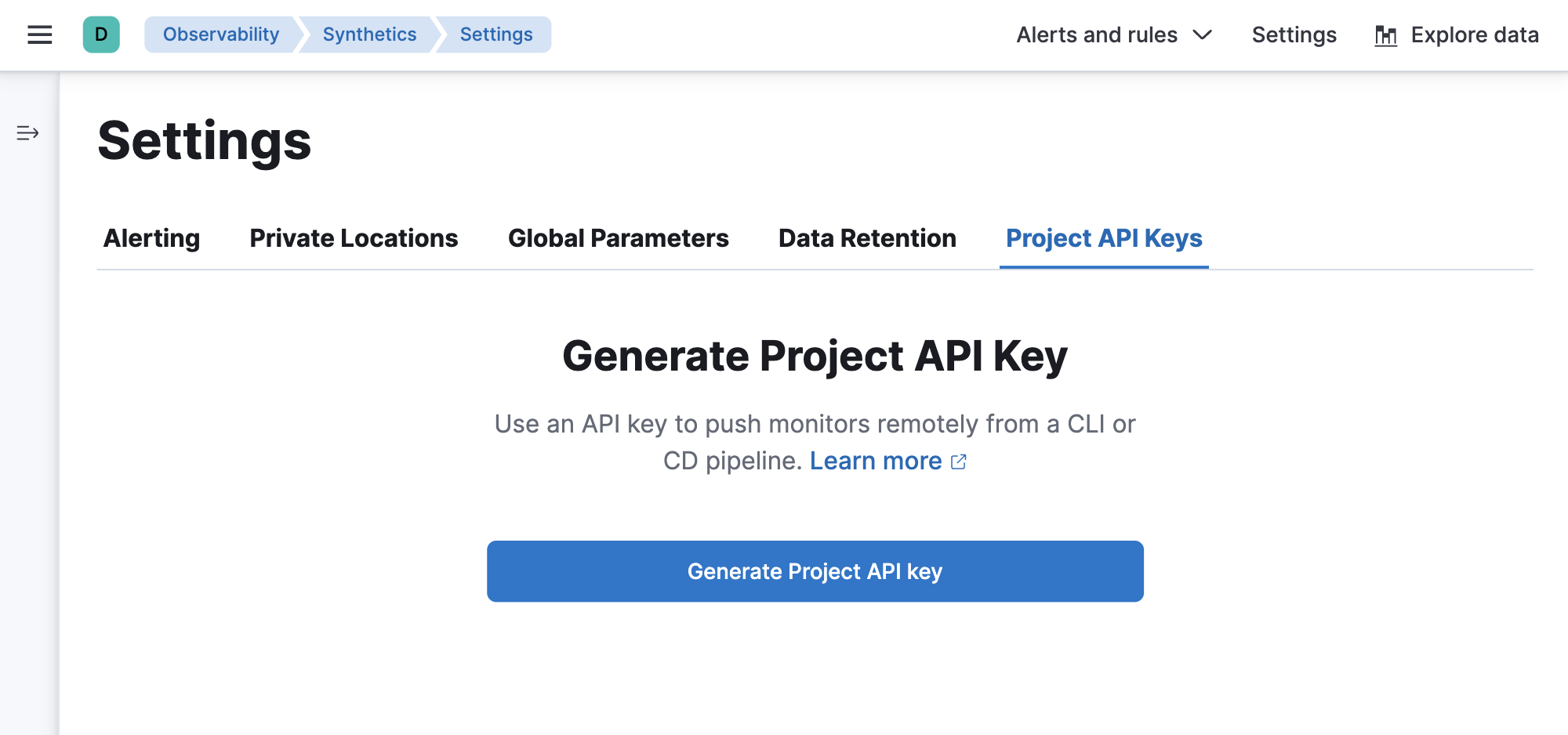 Project API keys tab on the Synthetics Settings page in Kibana Project API keys tab on the Synthetics Settings page in Kibana