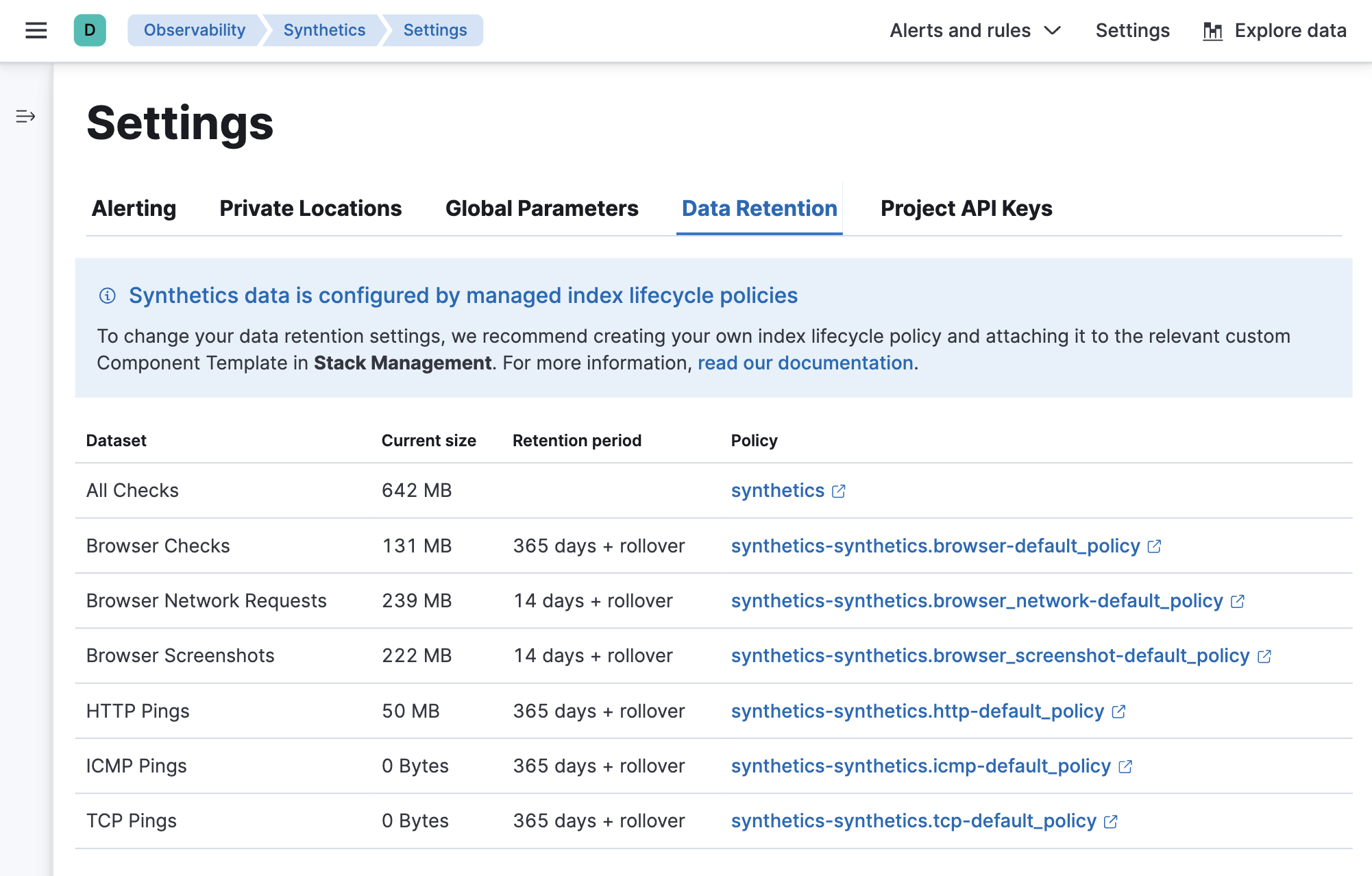 Data retention tab on the Synthetics Settings page in Kibana Data retention tab on the Synthetics Settings page in Kibana
