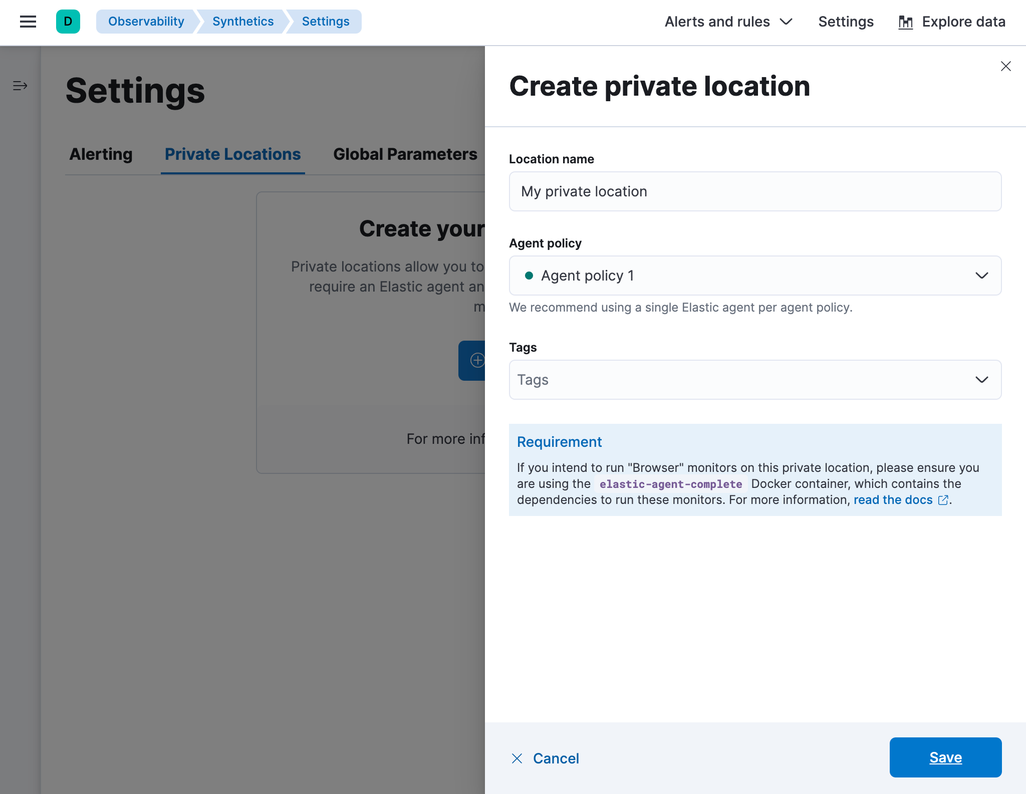 Private Locations tab on the Synthetics Settings page in Kibana Private Locations tab on the Synthetics Settings page in Kibana