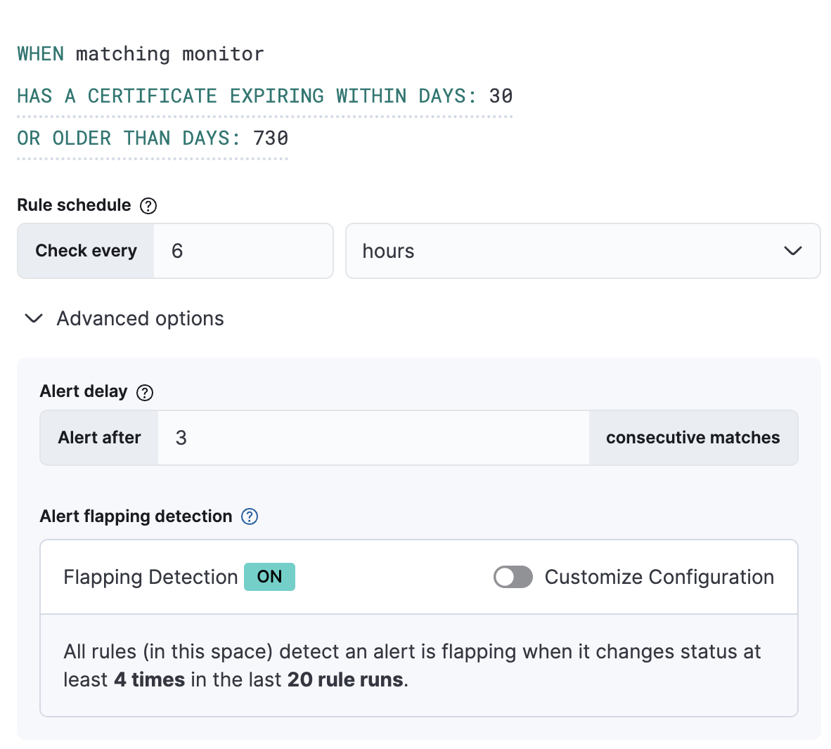 Conditions and advanced options defining a Synthetics TLS certificate rule Conditions and advanced options defining a Synthetics TLS certificate rule