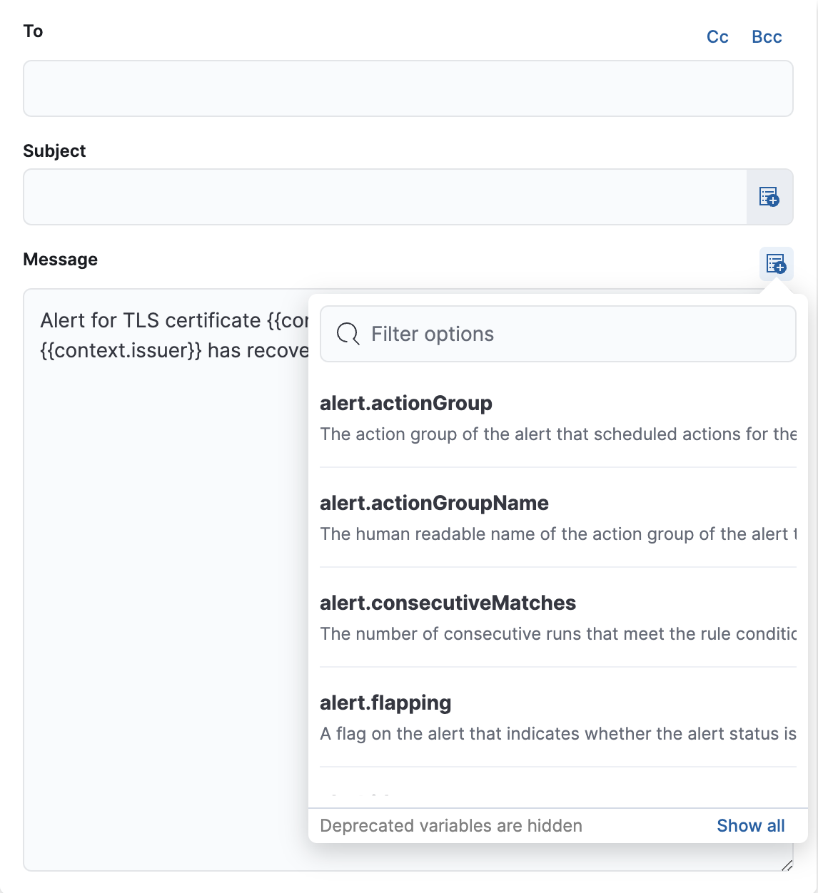 Default notification message for TLS rules with open "Add variable" popup listing available action variables Default notification message for TLS rules with open