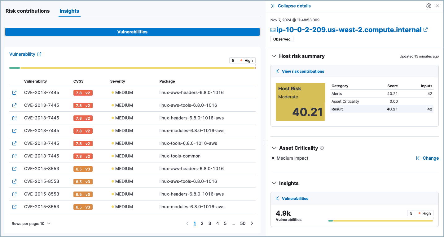 Host details flyout with the Vulnerabilities section expanded Host details flyout with the Vulnerabilities section expanded