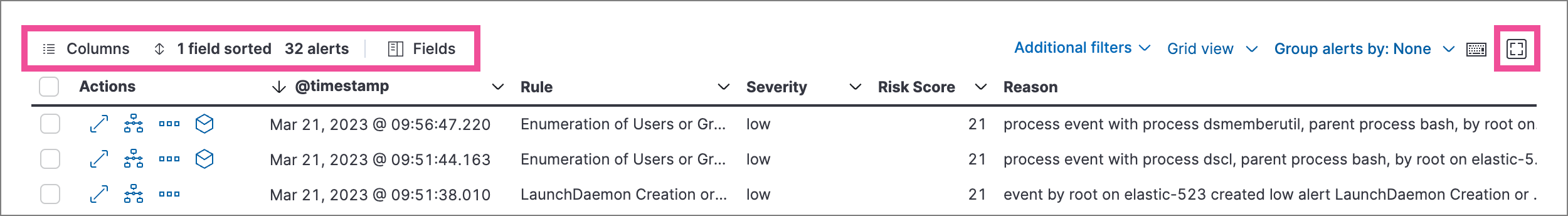 Alerts table with toolbar buttons highlighted Alerts table with toolbar buttons highlighted