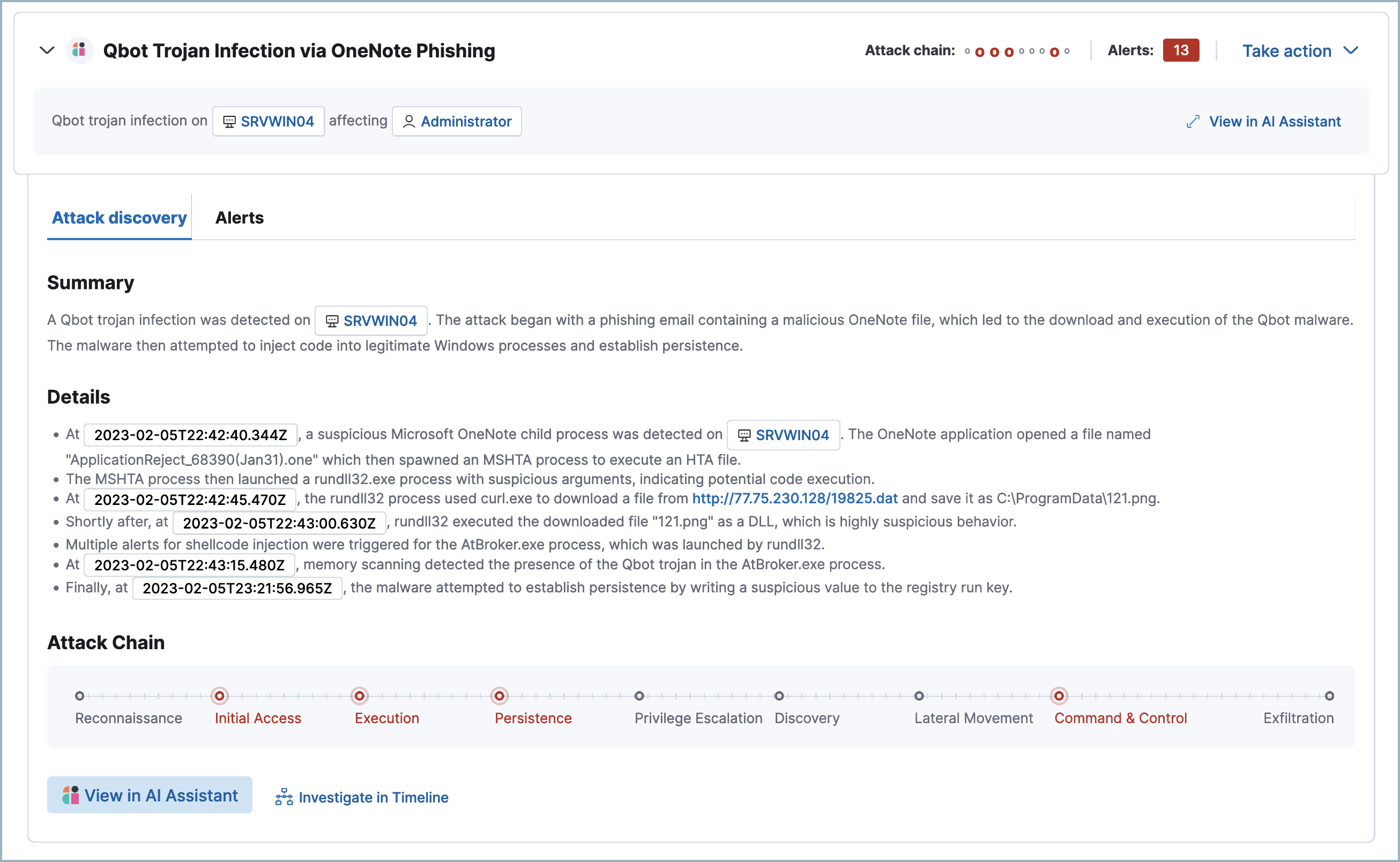 An Attack discovery card showing an attack with 11 related alerts An Attack discovery card showing an attack with 11 related alerts