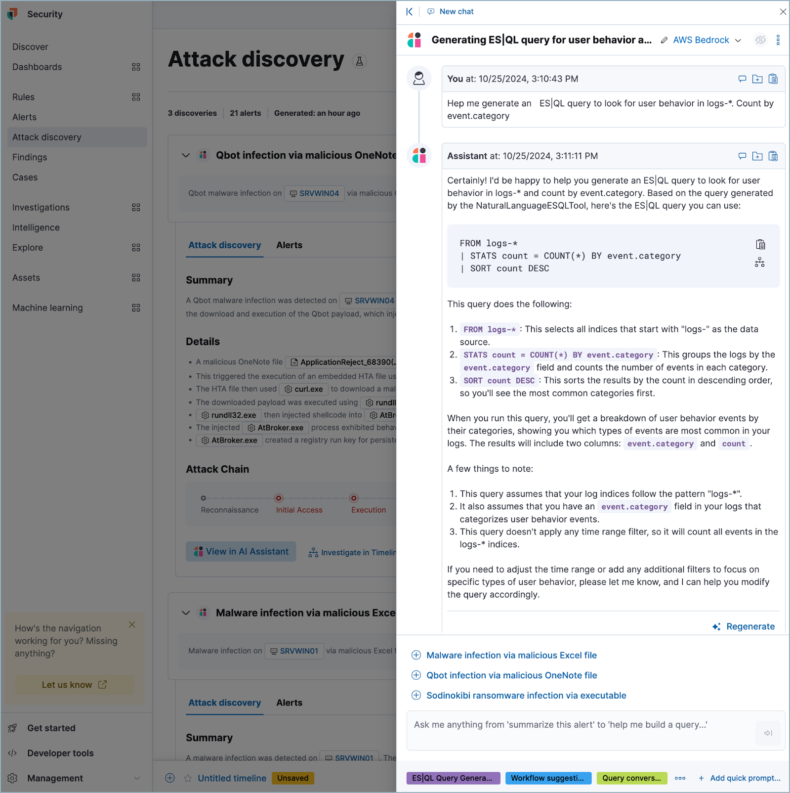 An AI Assistant dialogue in which the user asks for a purpose-built ES|QL query An AI Assistant dialogue in which the user asks for a purpose-built ES|QL query