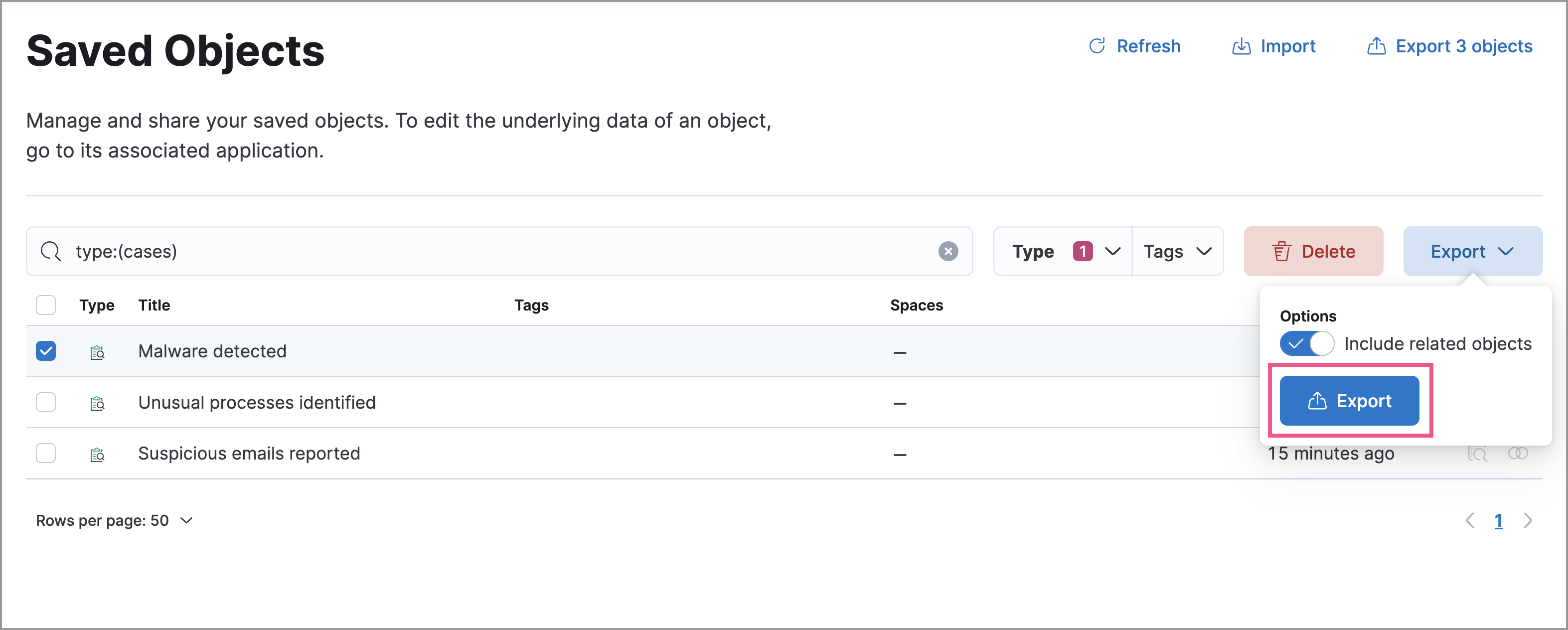Shows the export saved objects workflow Shows the export saved objects workflow