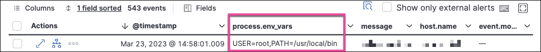 The Events table with the "process.env_vars" column highlighted The Events table with the