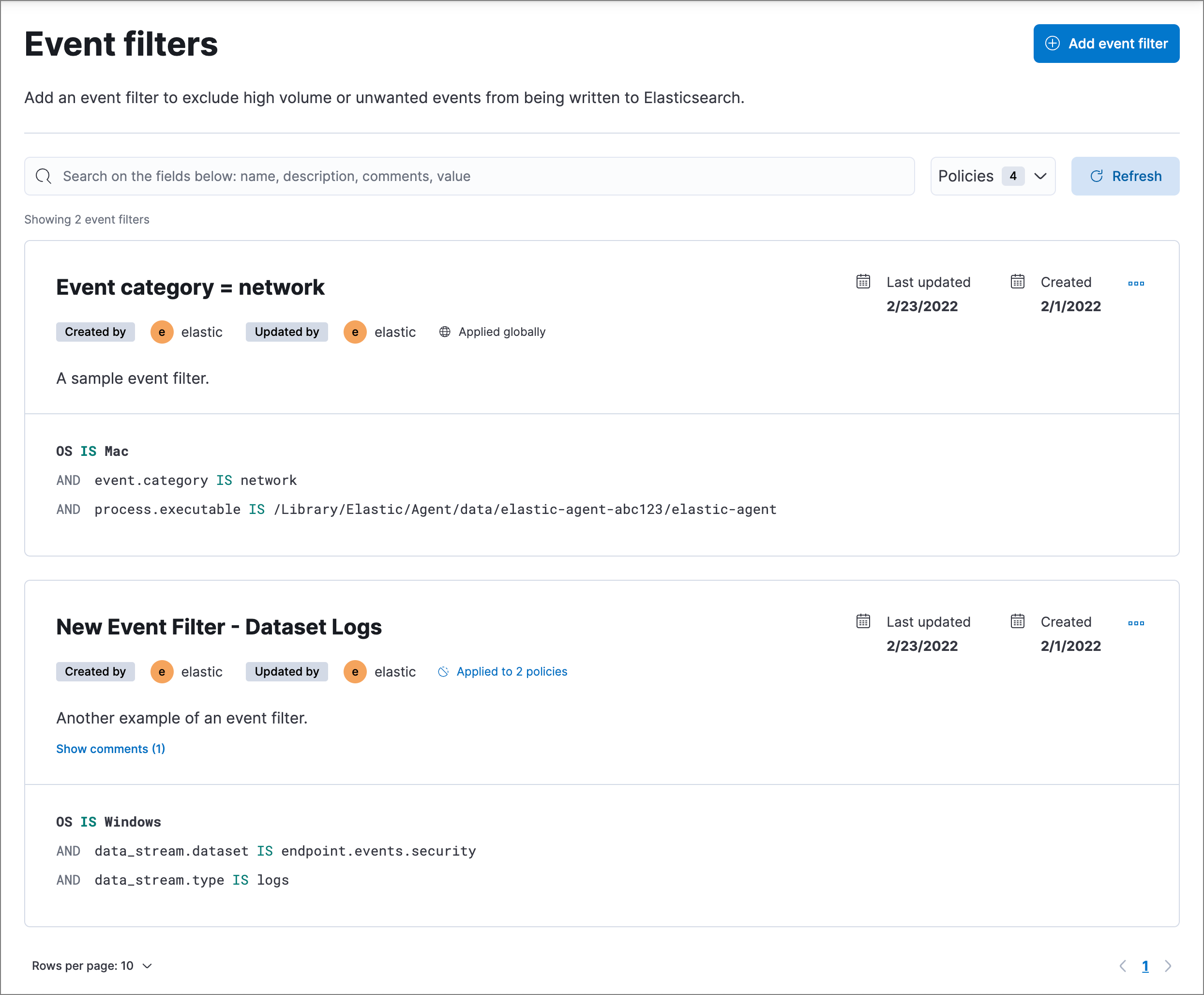 event filters list event filters list