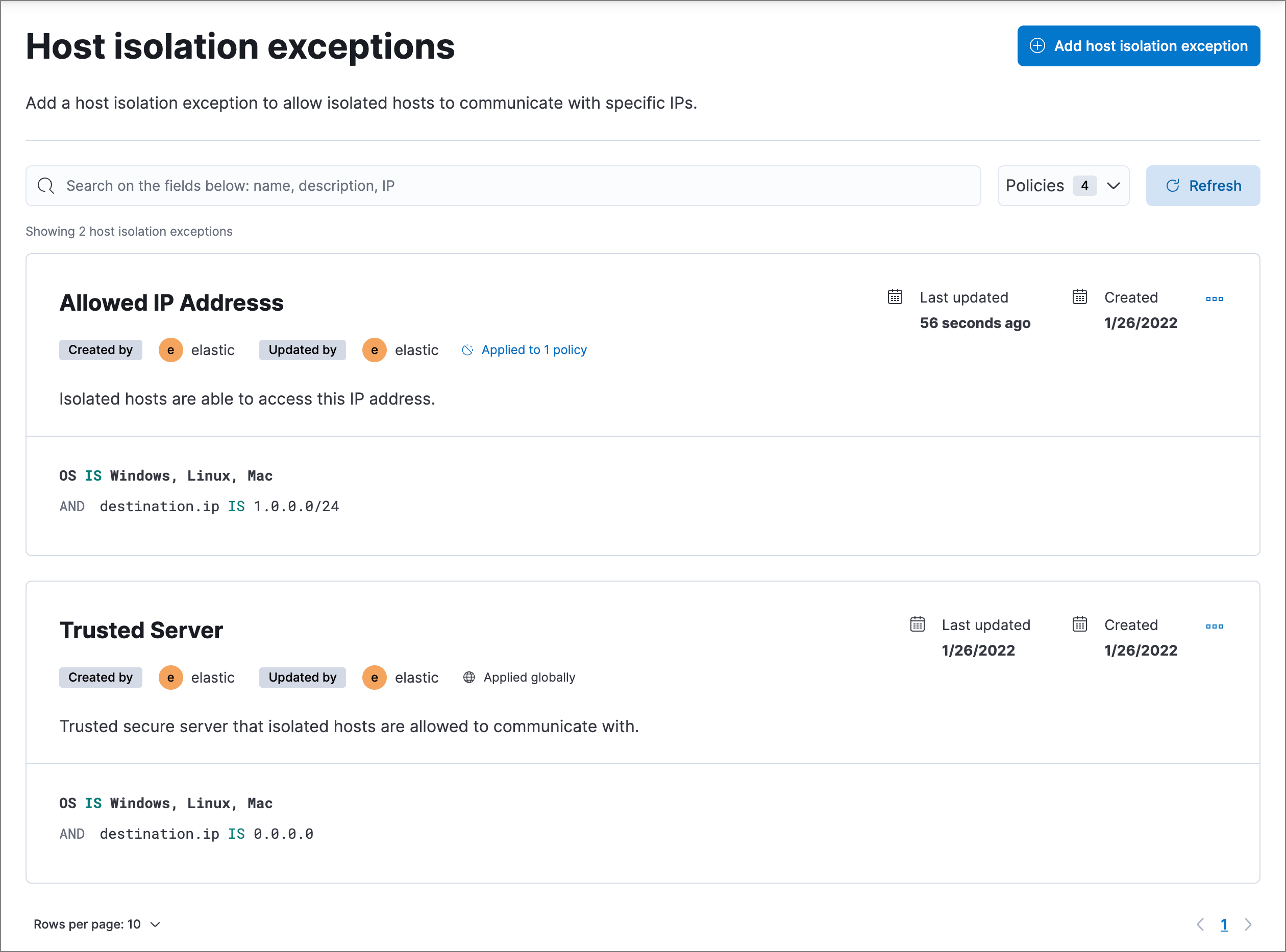 List of host isolation exceptions List of host isolation exceptions