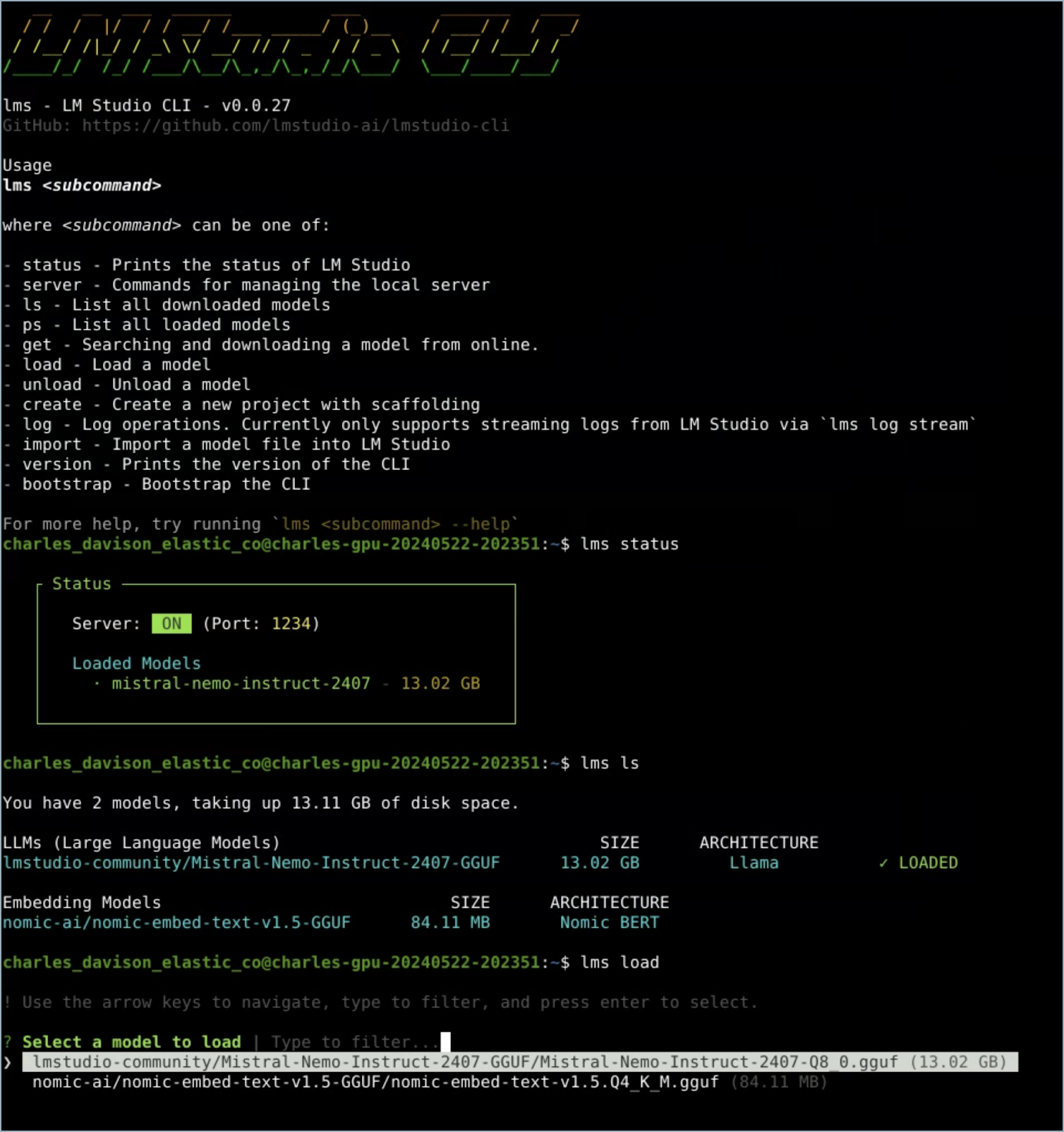The CLI interface during execution of initial LM Studio commands The CLI interface during execution of initial LM Studio commands