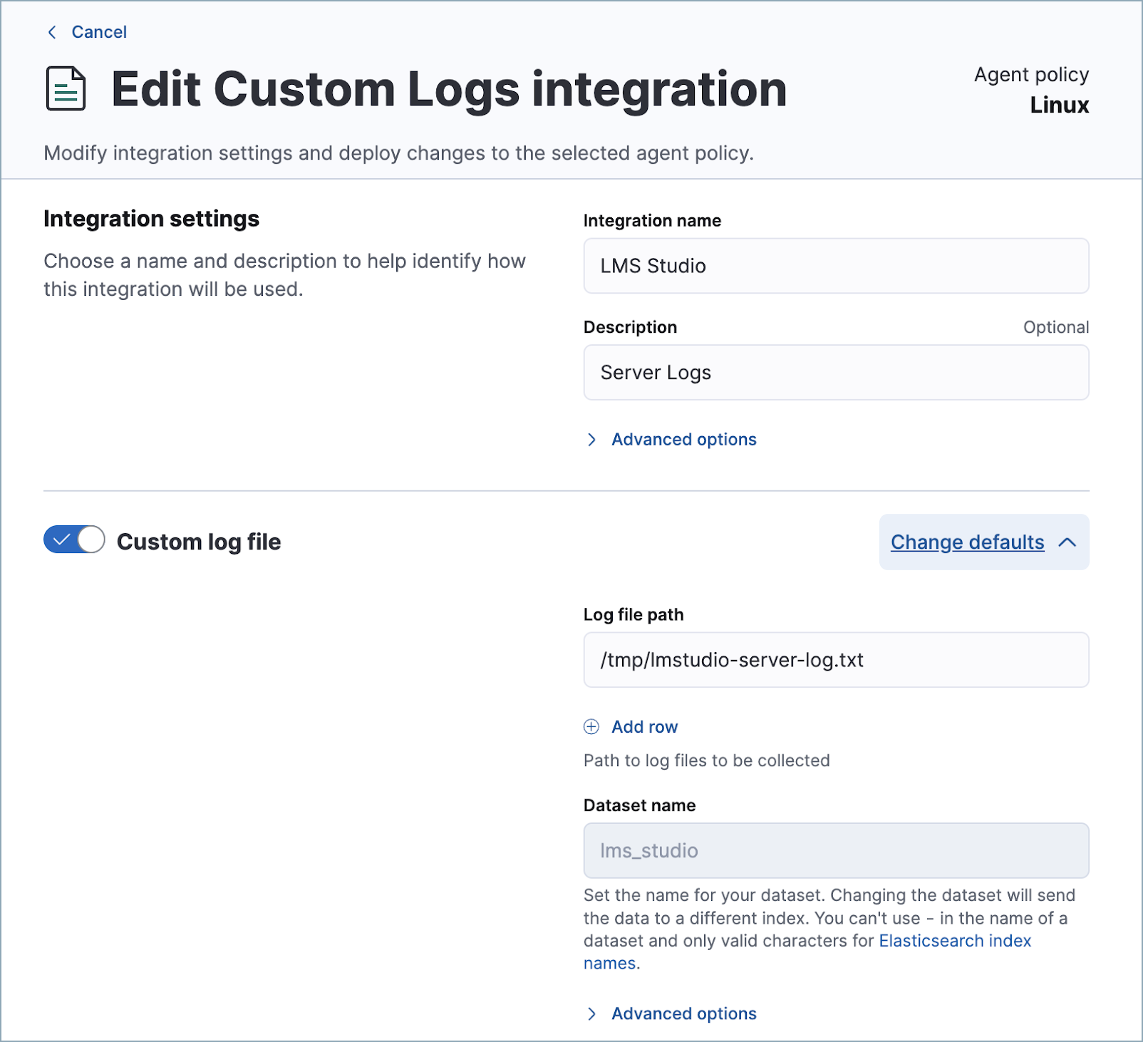 The configuration window for the custom logs integration The configuration window for the custom logs integration