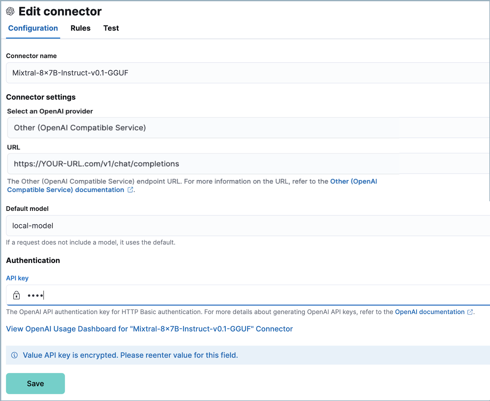 The Edit connector page in the Elastic Security app The Edit connector page in the Elastic Security app