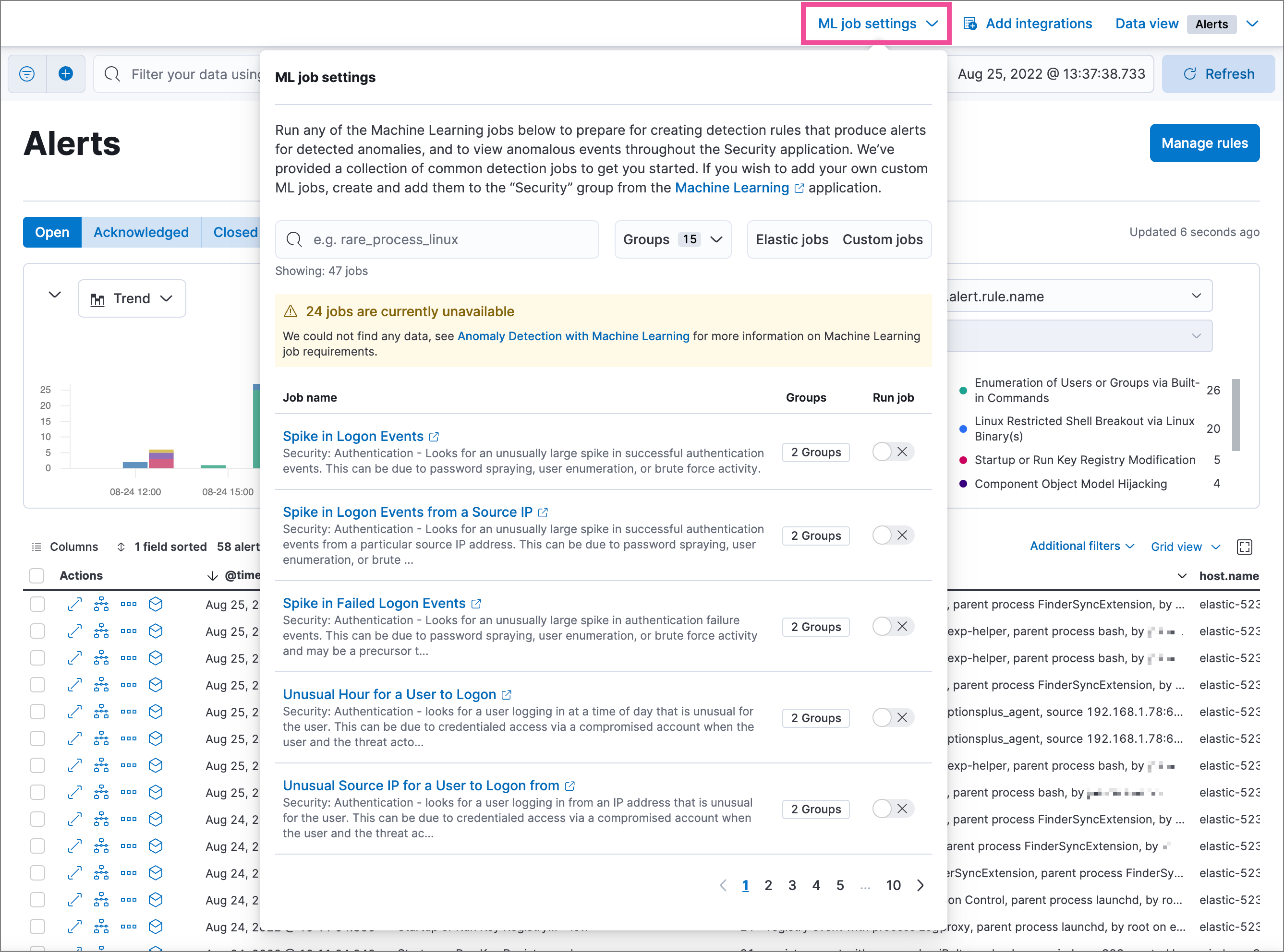 ML job settings UI on the Alerts page ML job settings UI on the Alerts page