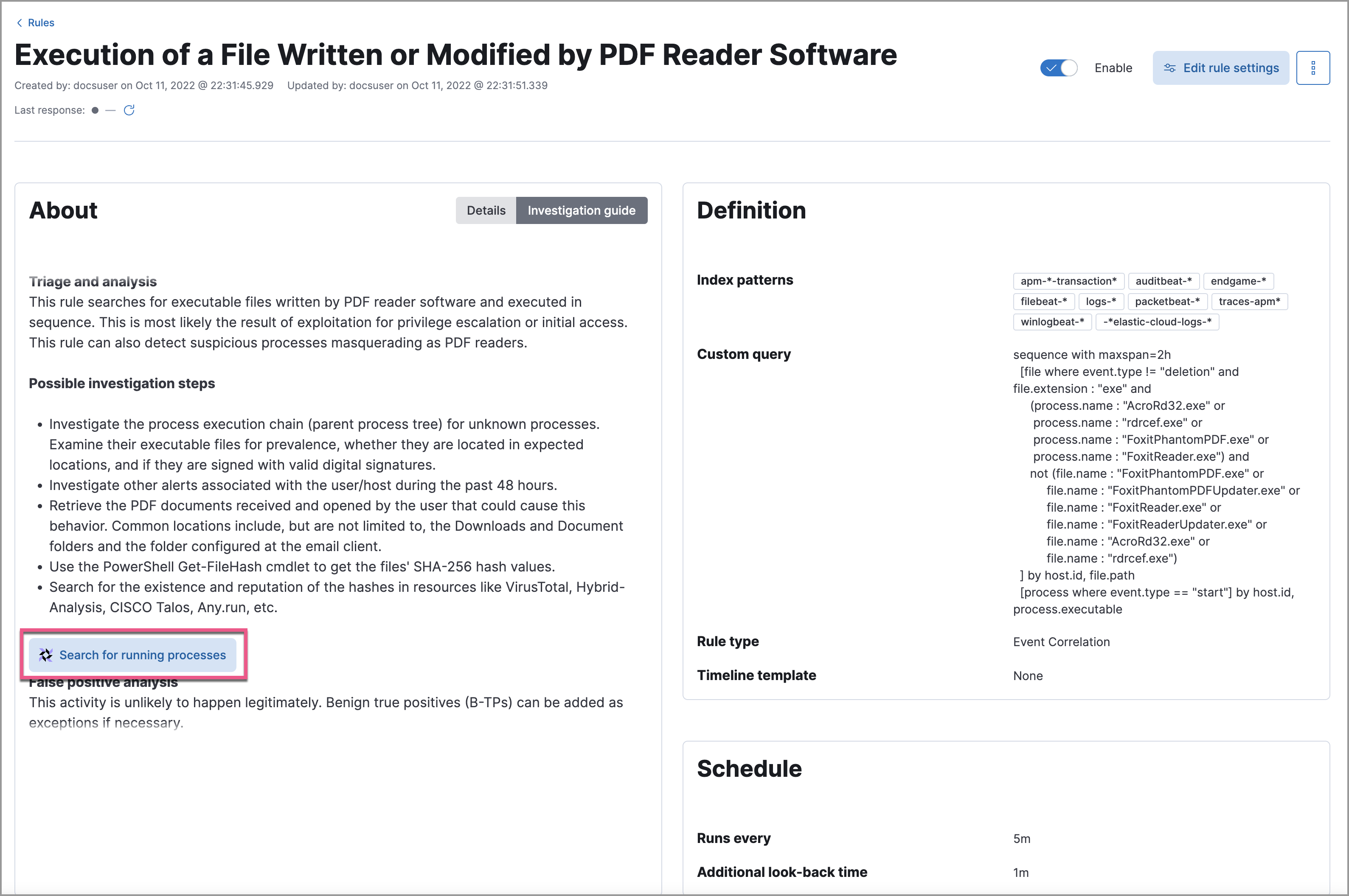 Shows a live query in an investigation guide Shows a live query in an investigation guide