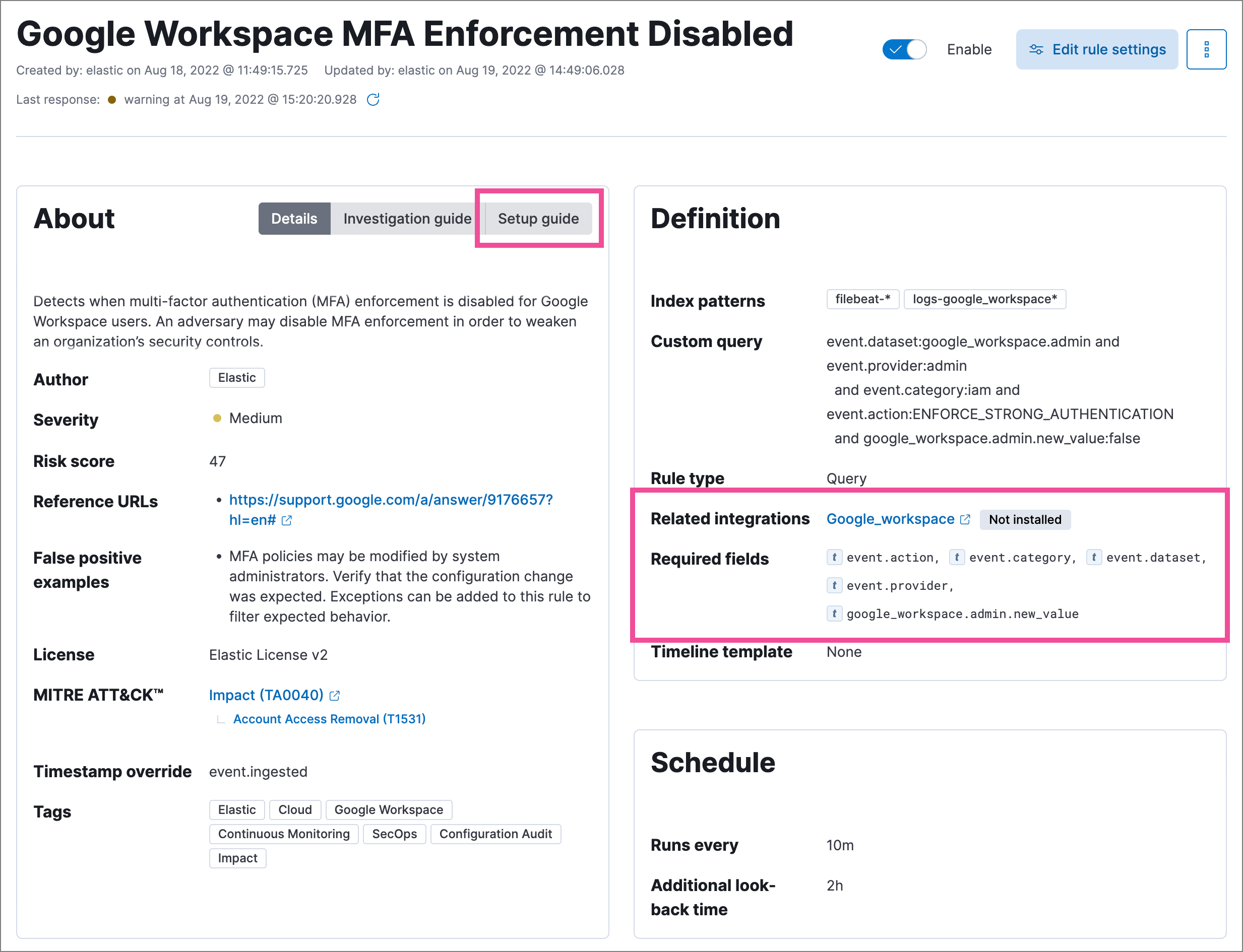 Rule details page with Related integrations Rule details page with Related integrations