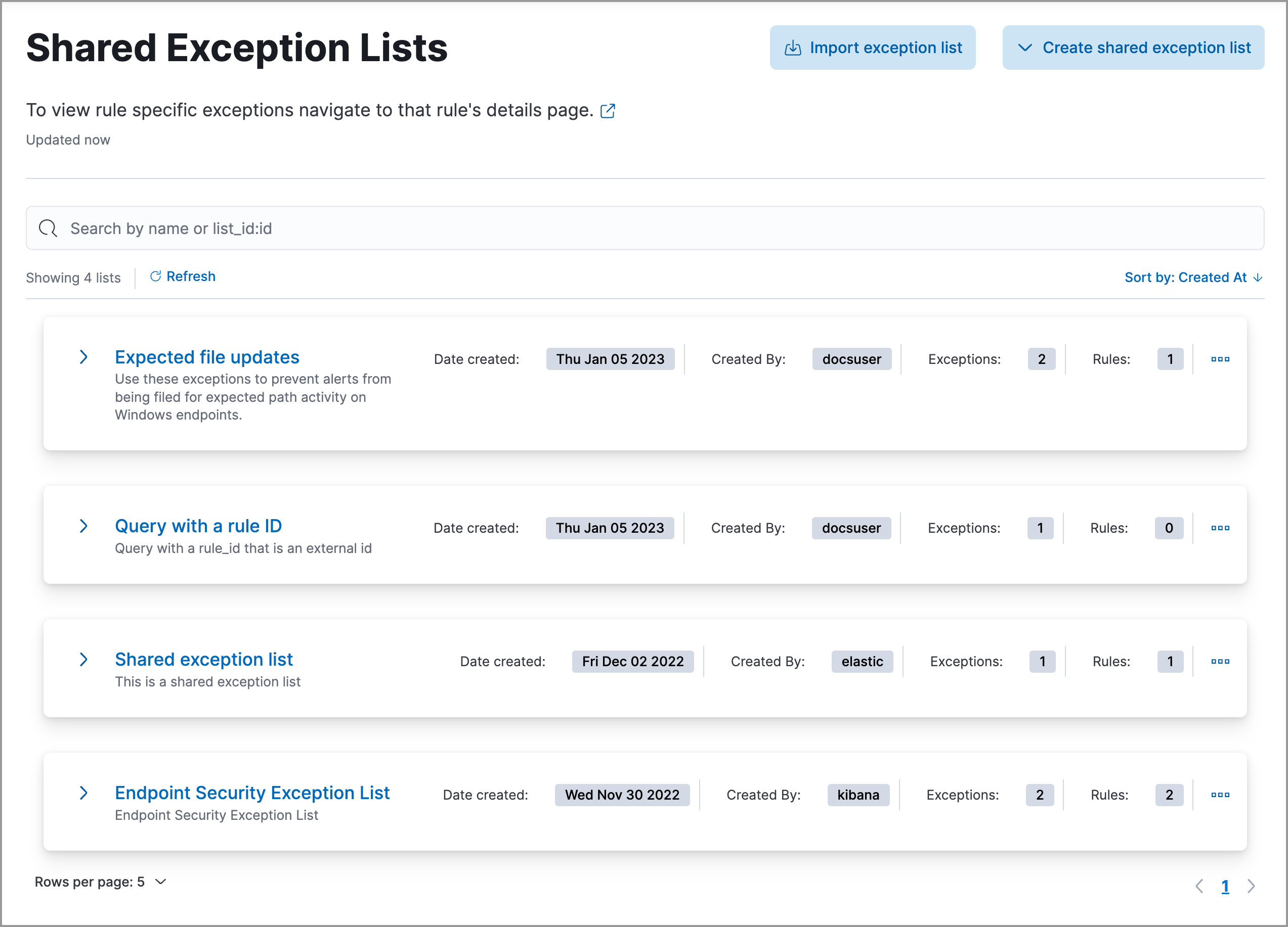 Shared Exception Lists page Shared Exception Lists page