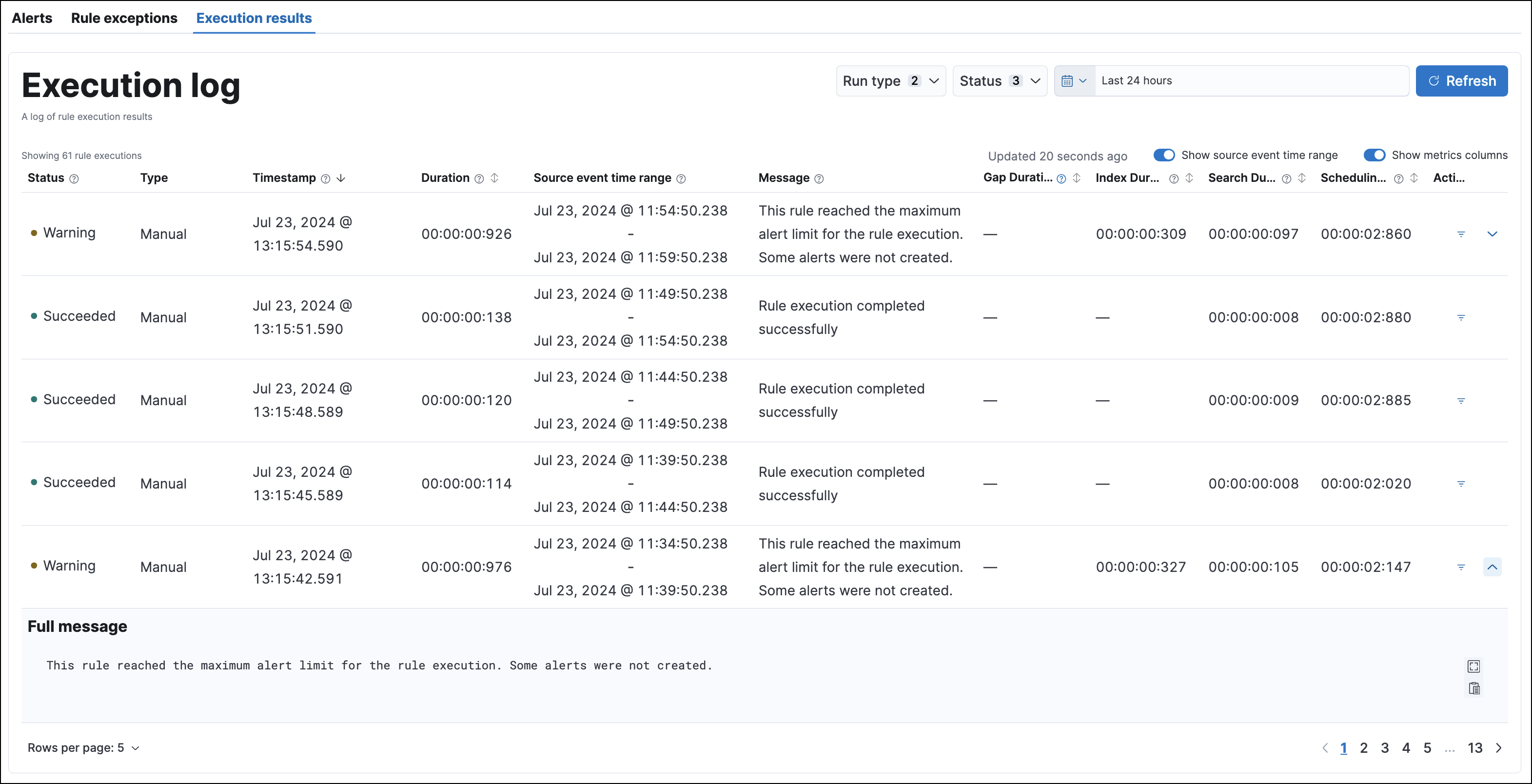 Execution log table on the rule execution results tab Execution log table on the rule execution results tab