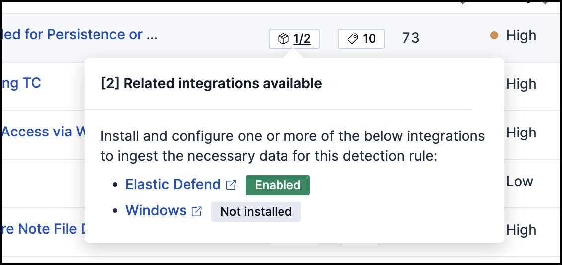 Rules table with related integrations popup Rules table with related integrations popup