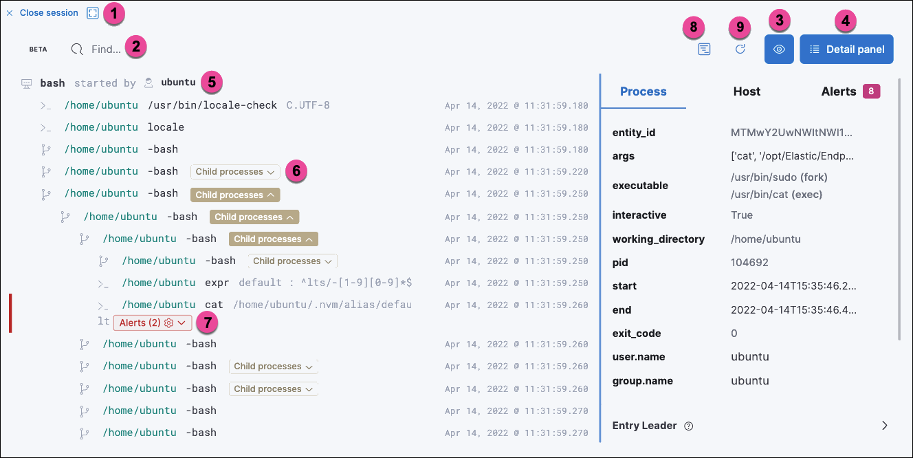 Detail of Session view with labeled UI elements Detail of Session view with labeled UI elements