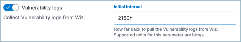 Wiz integration settings showing the vulnerabilities toggle Wiz integration settings showing the vulnerabilities toggle