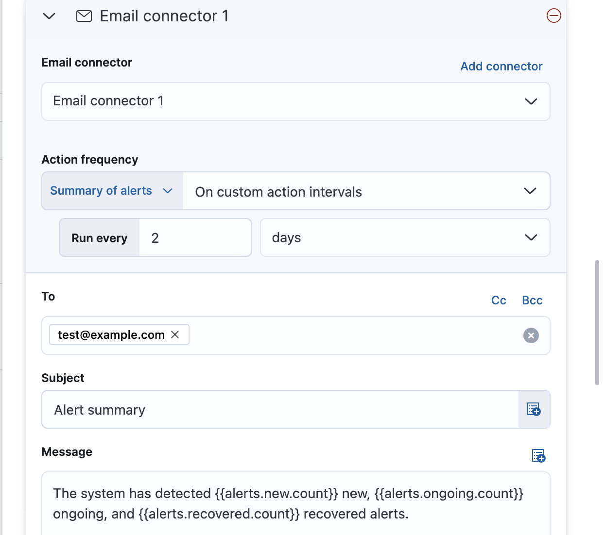 UI for defining alert summary action in an Elasticsearch query rule UI for defining alert summary action in an Elasticsearch query rule