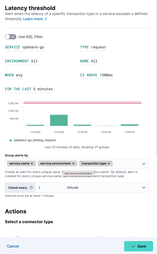 Create rule for APM latency threshold alert Create rule for APM latency threshold alert