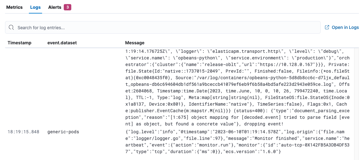 Screenshot showing Logs view Screenshot showing Logs view