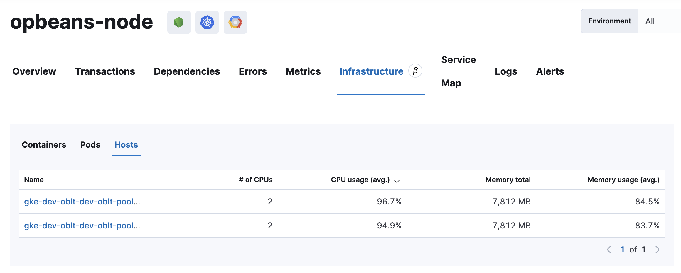 Example view of the Infrastructure tab in the Applications UI Example view of the Infrastructure tab in the Applications UI