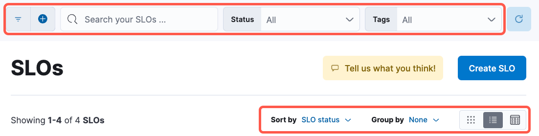Options for filtering SLOs in the overview Options for filtering SLOs in the overview