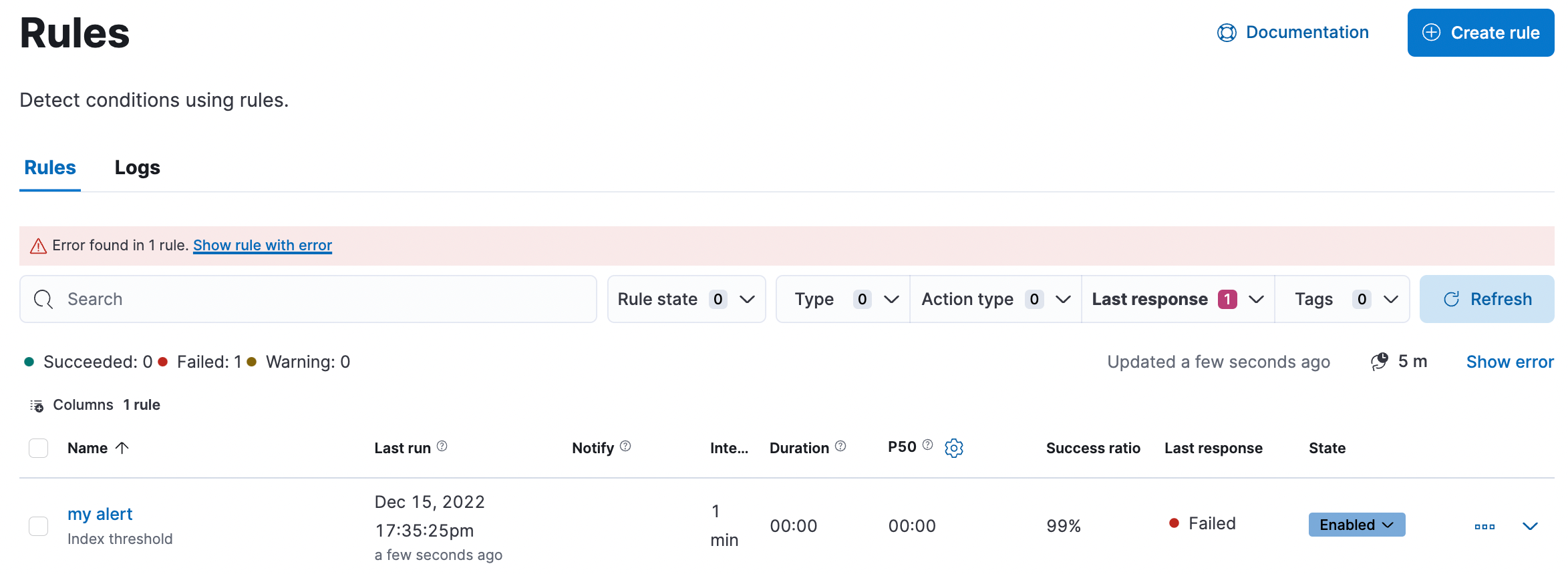 Rule management page with the errors banner Rule management page with the errors banner