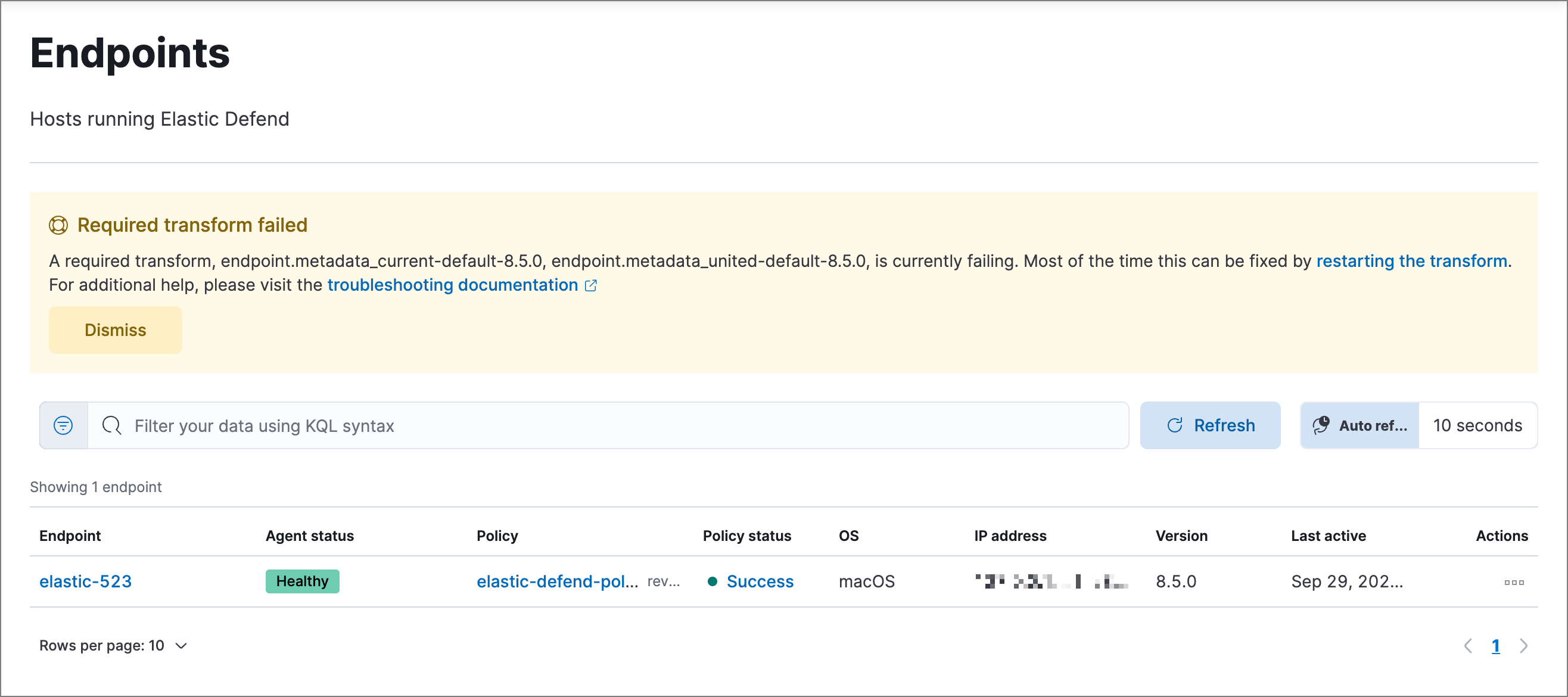 Endpoints page with Required transform failed notice Endpoints page with Required transform failed notice