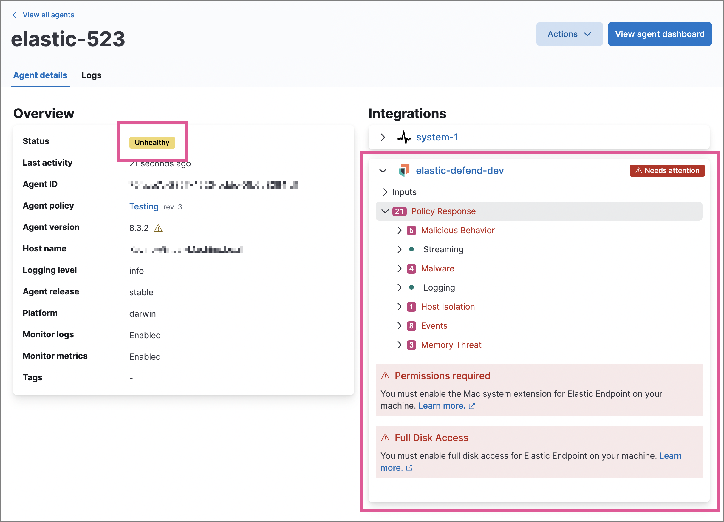 Agent details page in Fleet with Unhealthy status and integration failures Agent details page in Fleet with Unhealthy status and integration failures